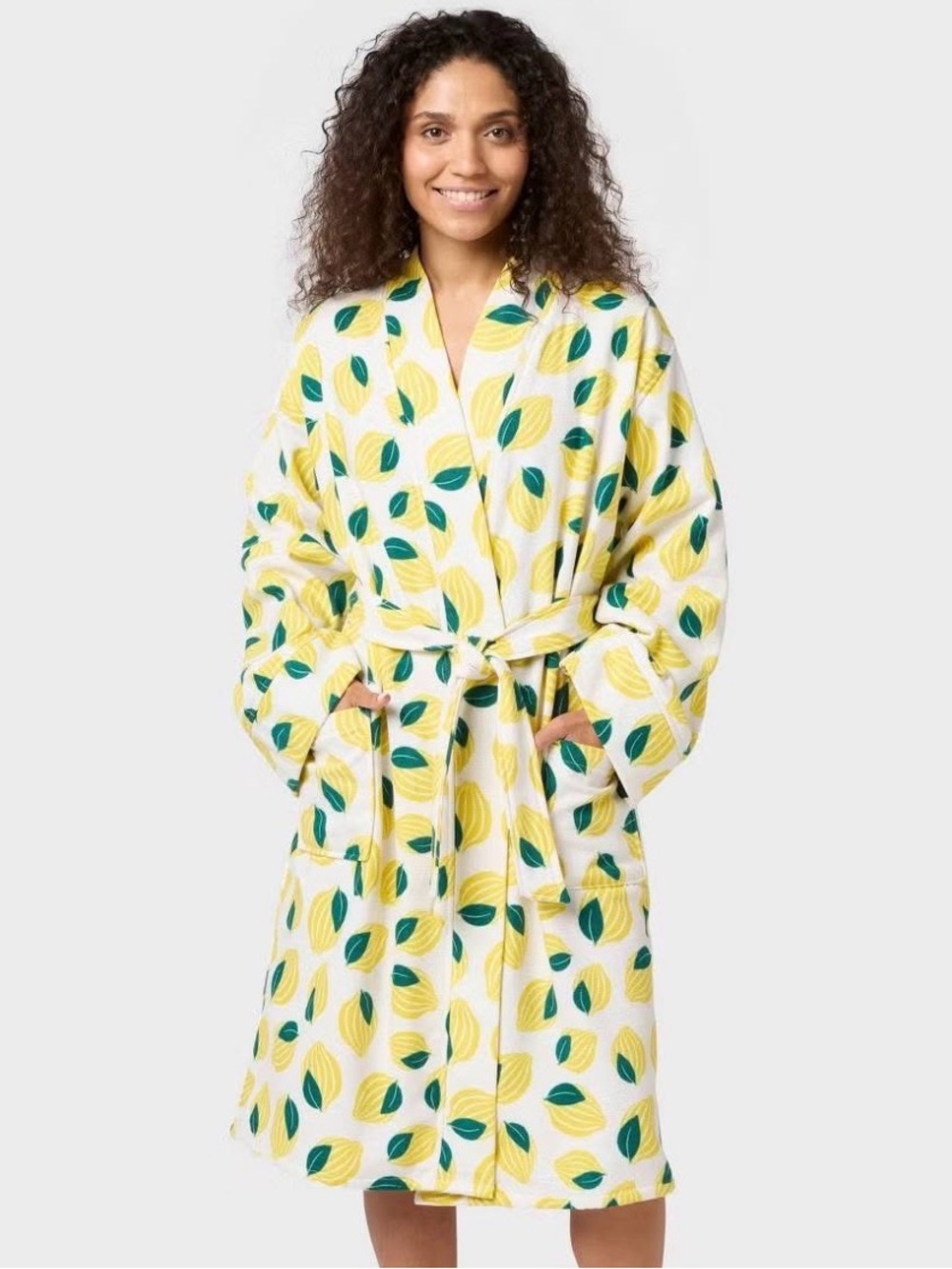 Room‎ Essentials Women Lemon Print Cotton Bath Robe Yellow Green S/M NWT